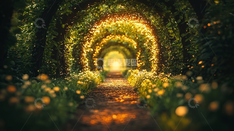 高清大图下载【趣麦麦图】绿树成荫的梦幻光影隧道