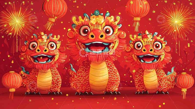 高清大图下载【趣麦麦图】萌龙三兄弟喜庆新年