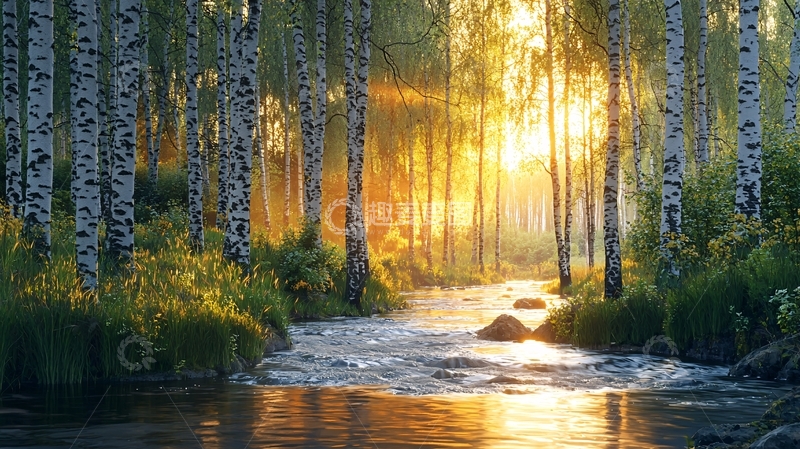 高清大图下载【趣麦麦图】夕阳西下桦树林溪流