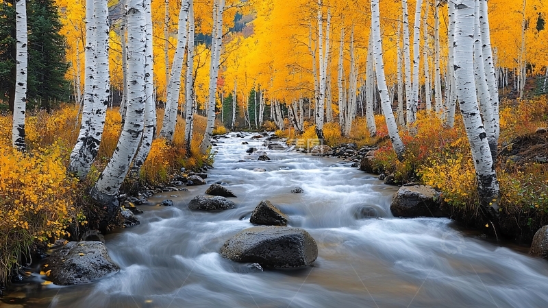 高清大图下载【趣麦麦图】秋日河流白杨树林