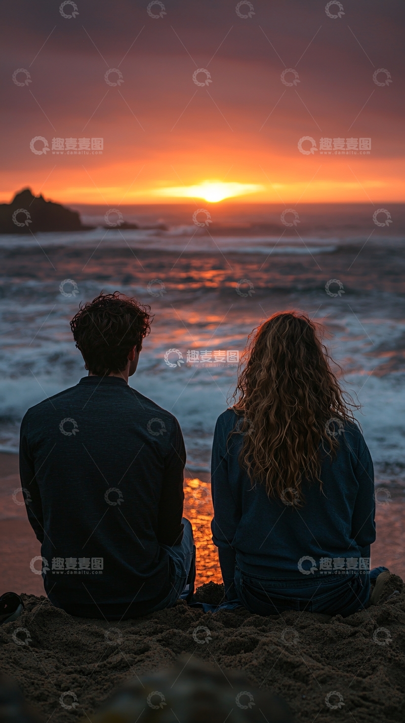 高清大图下载【趣麦麦图】情侣日落海边