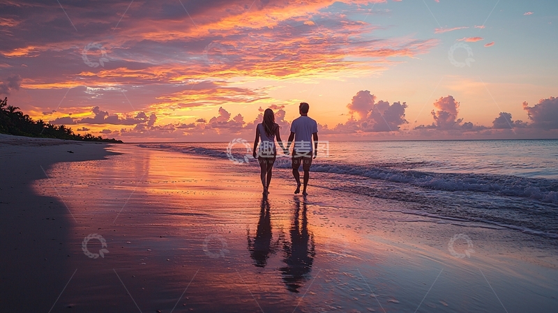 高清大图下载【趣麦麦图】日落沙滩情侣漫步