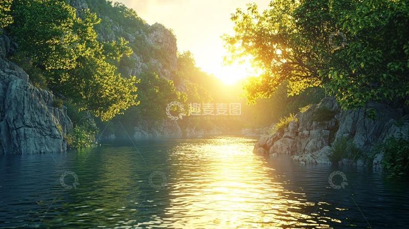 高清大图下载【趣麦麦图】峡谷夕阳河流风景