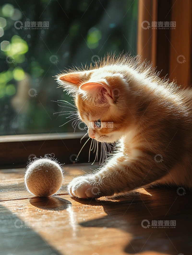 高清大图下载【趣麦麦图】窗边的小猫玩毛线球