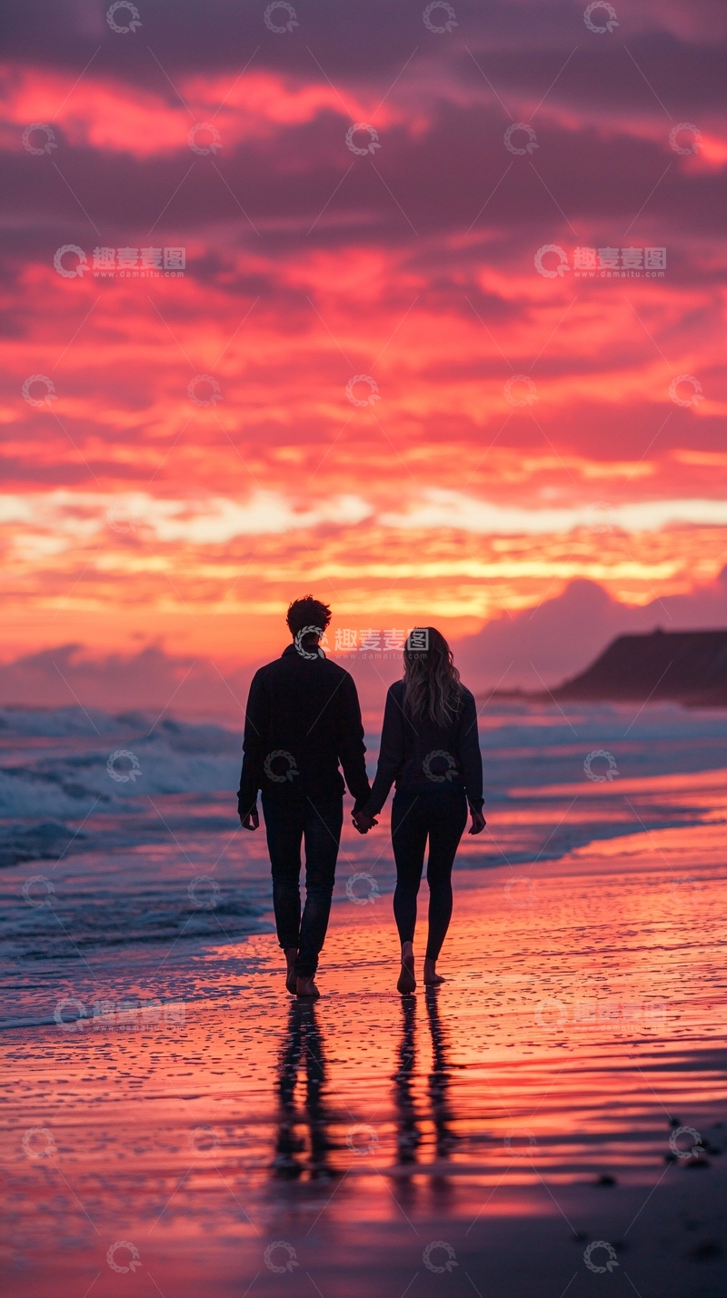 高清大图下载【趣麦麦图】日落沙滩情侣背影