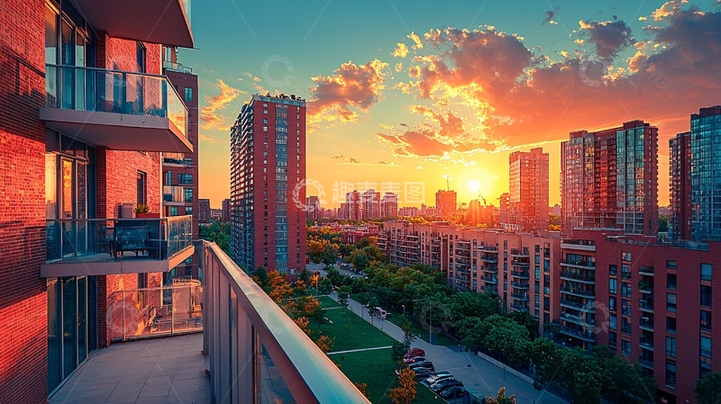高清大图下载【趣麦麦图】城市落日阳台景观