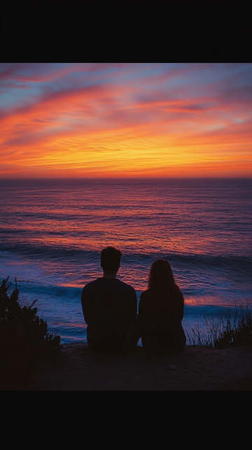 情侣日落海边剪影