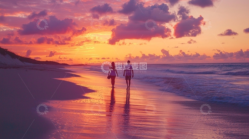 高清大图下载【趣麦麦图】海滩日落情侣背影