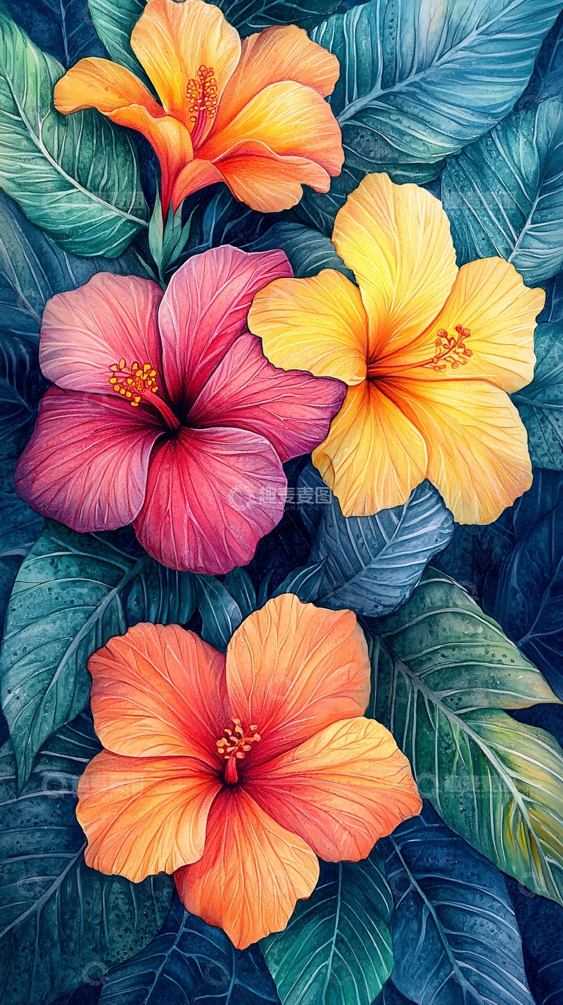 高清大图下载【趣麦麦图】水彩画芙蓉花