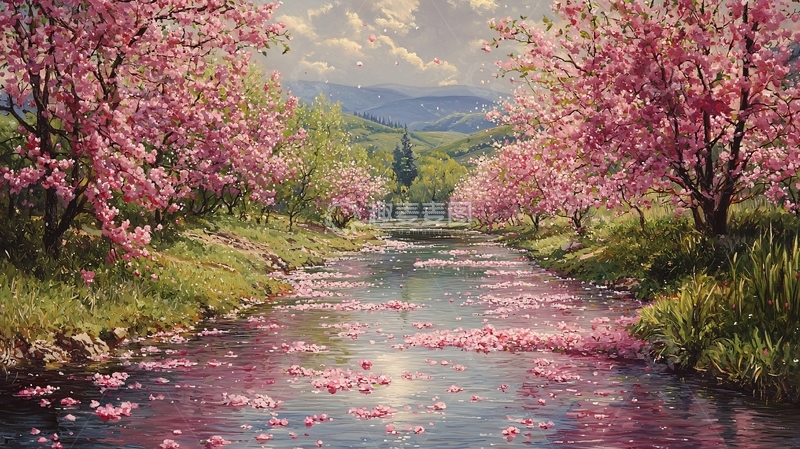 高清大图下载【趣麦麦图】春日溪流粉色花海