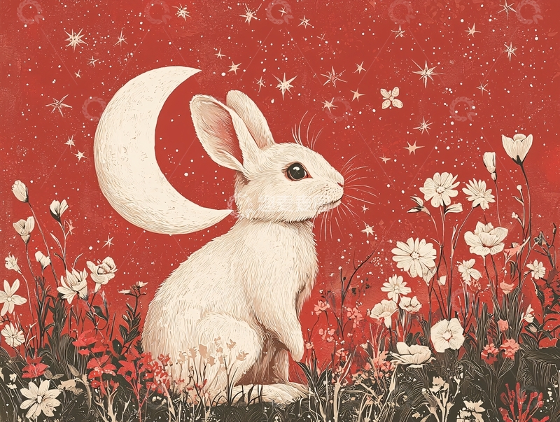 高清大图下载【趣麦麦图】红底白兔星空花卉