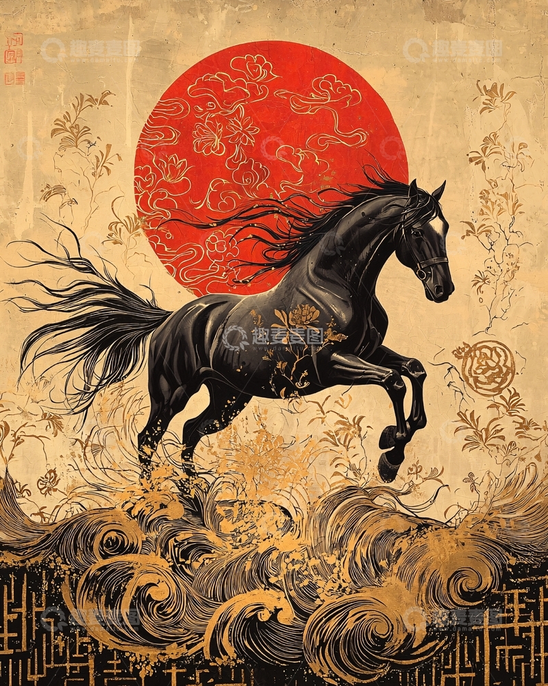 高清大图下载【趣麦麦图】奔腾的黑马与红日