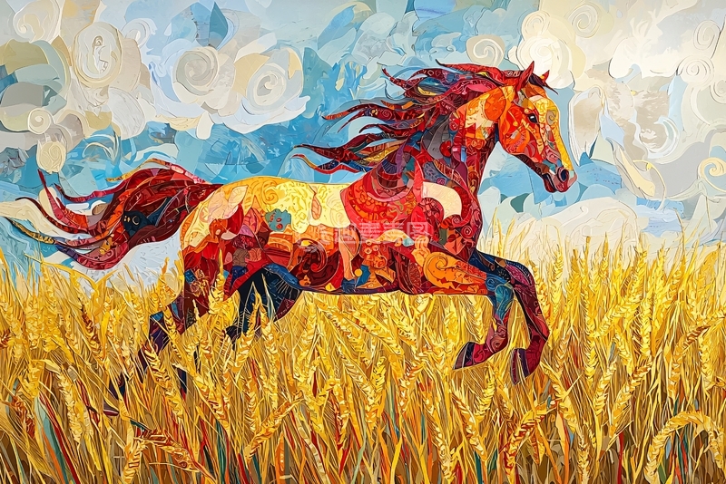 高清大图下载【趣麦麦图】奔腾的骏马麦田油画