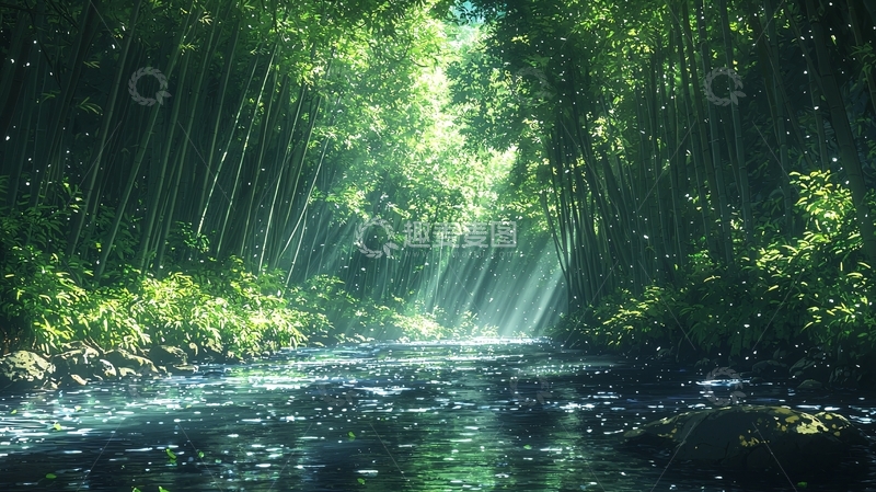 高清大图下载【趣麦麦图】阳光透过竹林小溪