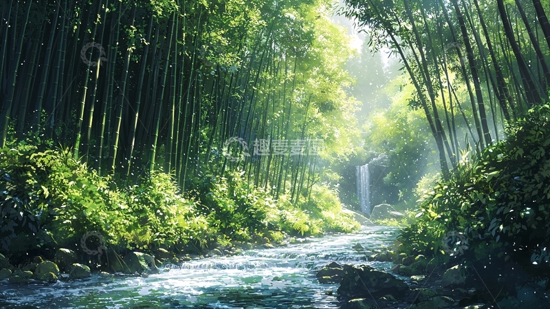 高清大图下载【趣麦麦图】竹林小溪瀑布