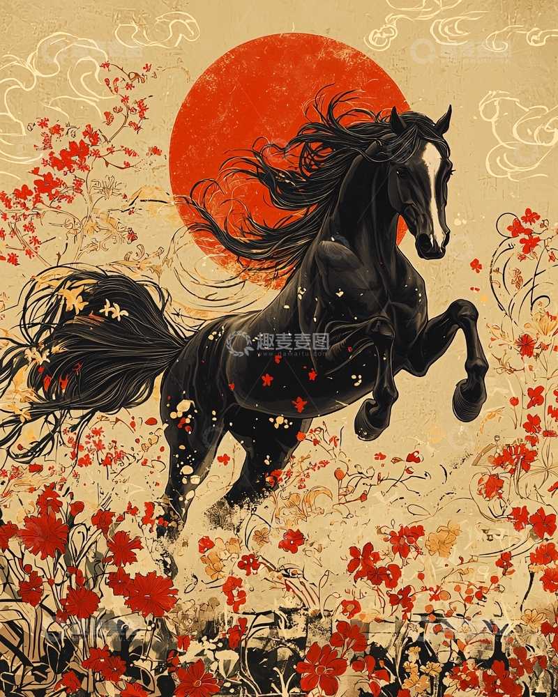 高清大图下载【趣麦麦图】黑马奔腾日出红花