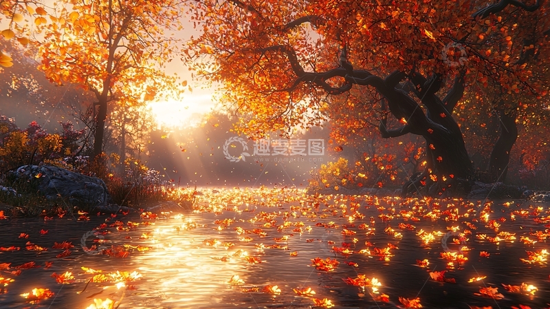 高清大图下载【趣麦麦图】秋日落叶河流风景