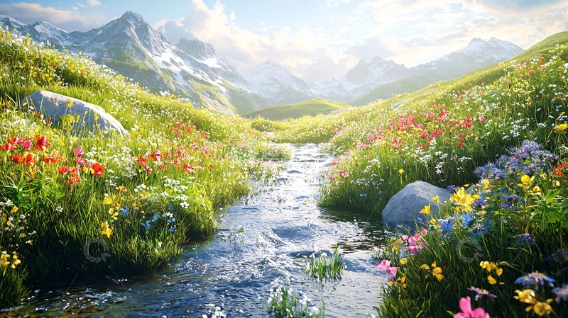 高清大图下载【趣麦麦图】山间溪流野花盛开