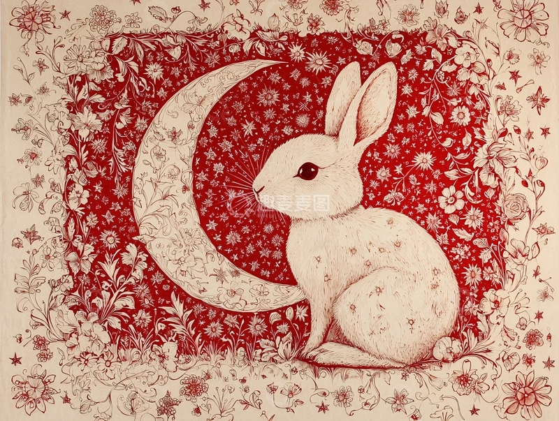 高清大图下载【趣麦麦图】红底白兔月牙图案
