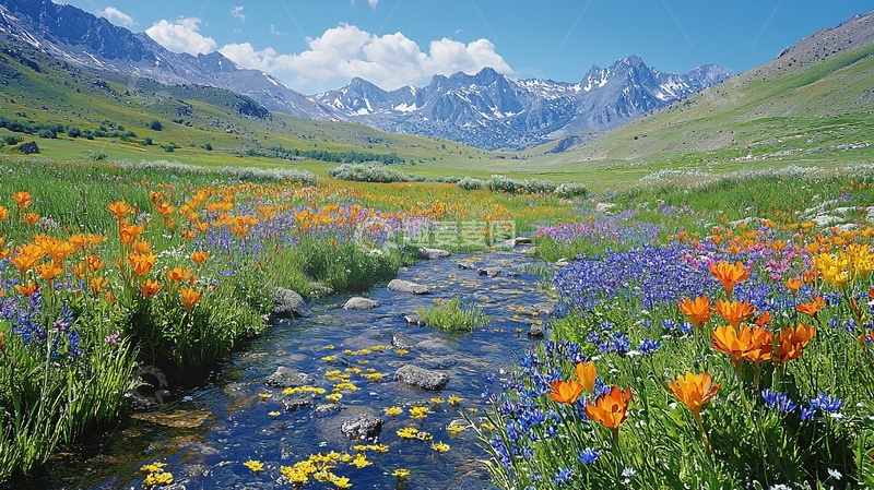高清大图下载【趣麦麦图】鲜花盛开的山间溪流
