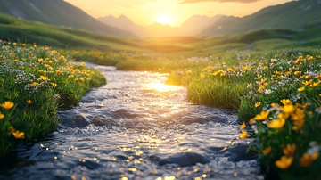 夕阳下的山谷溪流