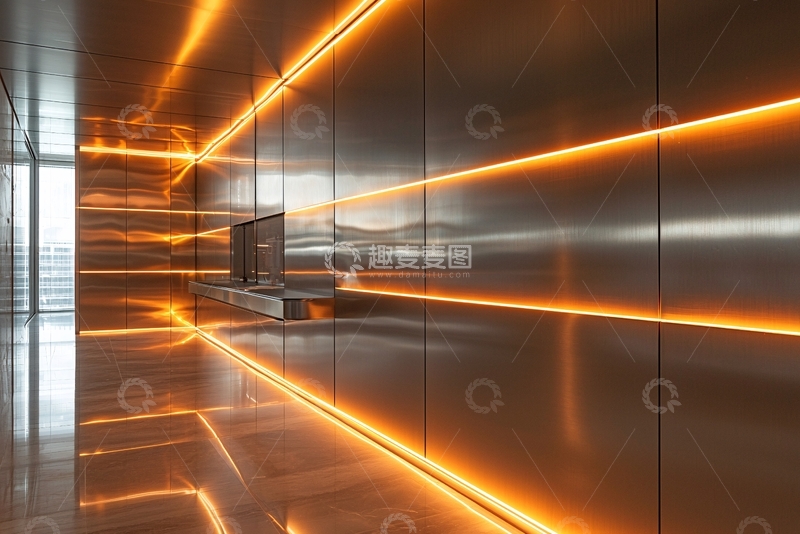 高清大图下载【趣麦麦图】金属墙面橙色灯带装饰