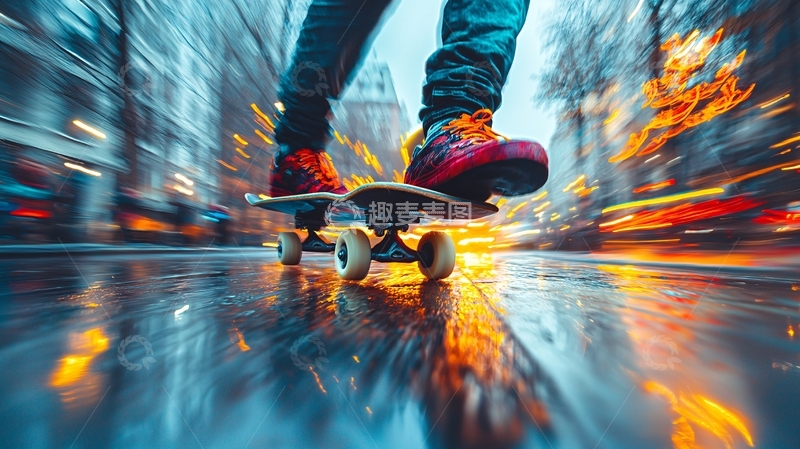 高清大图下载【趣麦麦图】雨中滑板
