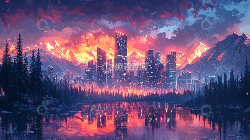 高清大图下载【趣麦麦图】火焰山脉都市夜景