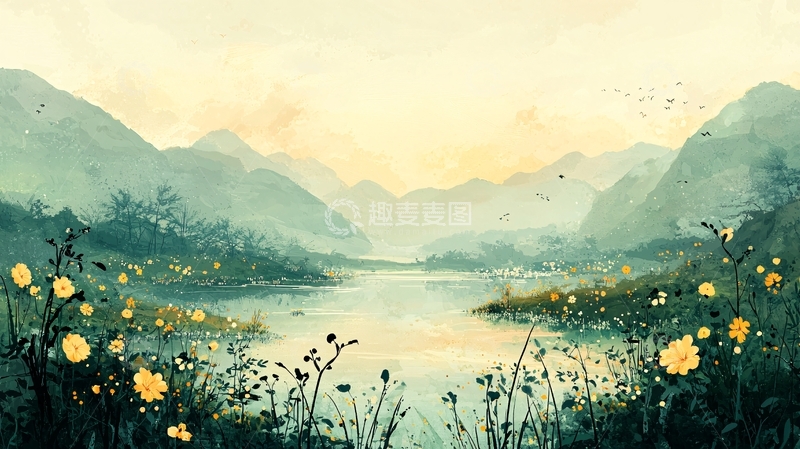 高清大图下载【趣麦麦图】朦胧山峦湖泊黄花