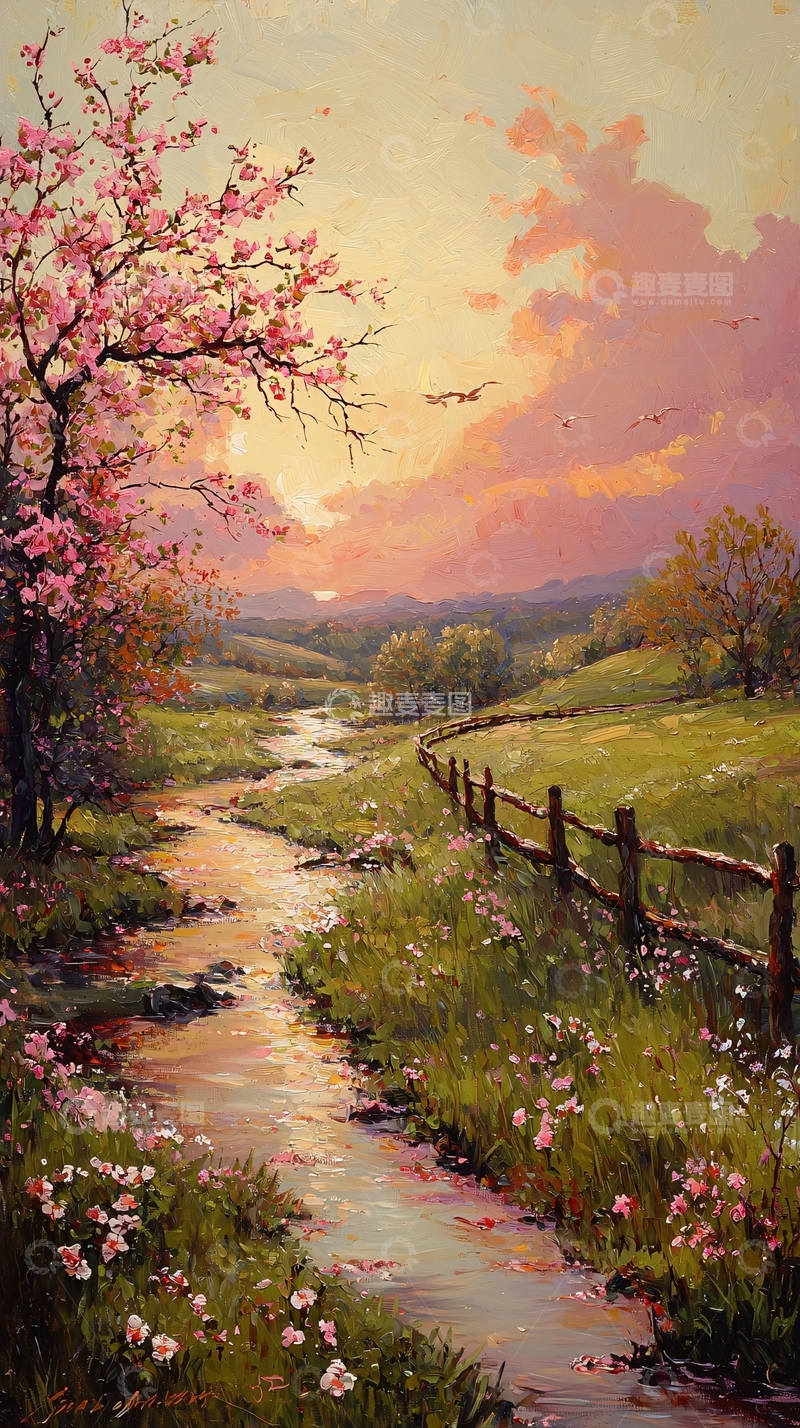 高清大图下载【趣麦麦图】春色田园小溪风景画
