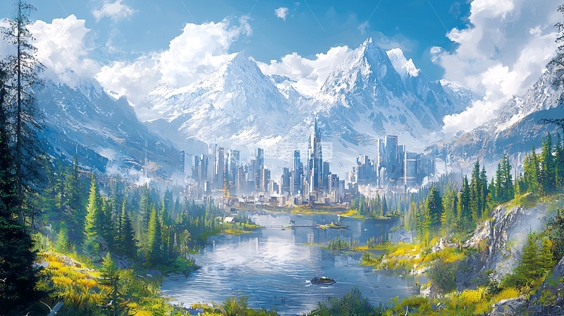 高清大图下载【趣麦麦图】雪山环绕的梦幻城市