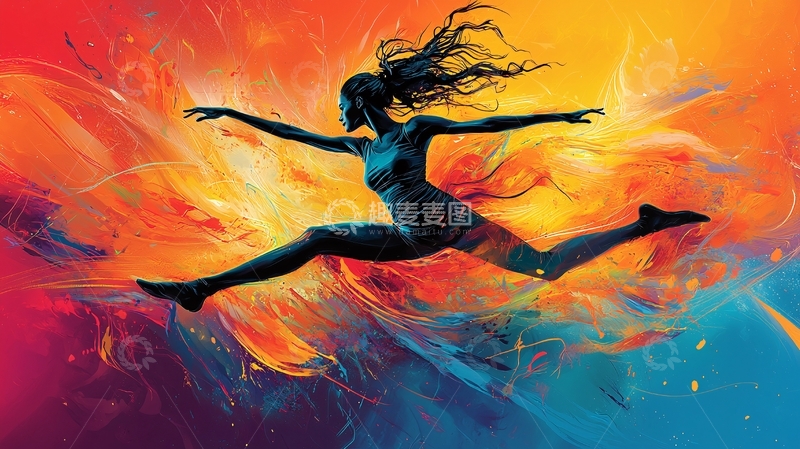 高清大图下载【趣麦麦图】奔腾的彩色火焰中飞跃的女子