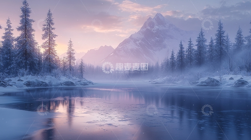 高清大图下载【趣麦麦图】雪山河流日出雾气