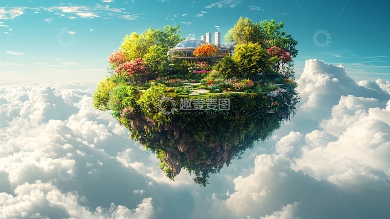 高清大图下载【趣麦麦图】心形绿岛悬浮云端