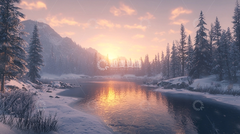 高清大图下载【趣麦麦图】雪山日落河流