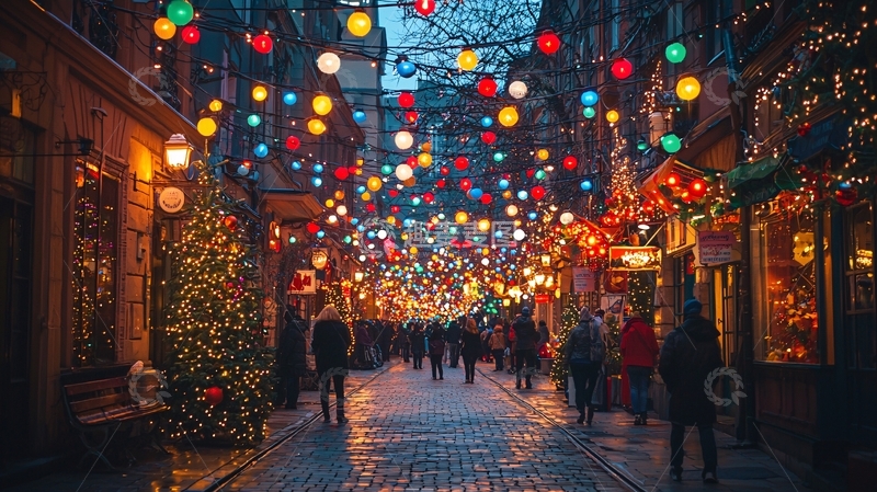 高清大图下载【趣麦麦图】夜晚街道圣诞装饰