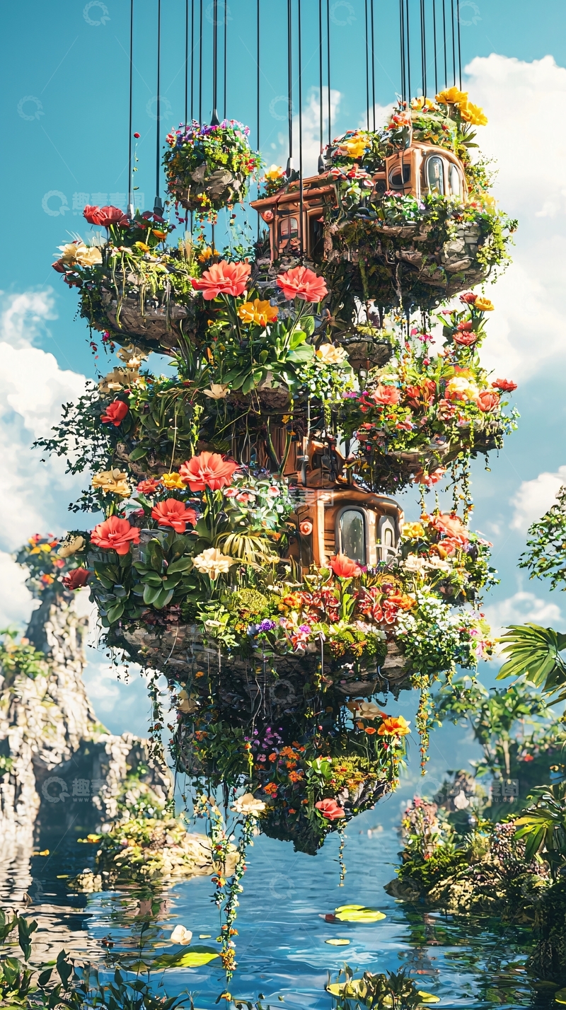 高清大图下载【趣麦麦图】悬浮花园岛屿房屋