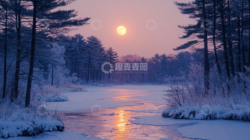 高清大图下载【趣麦麦图】冬日雪景日落湖面