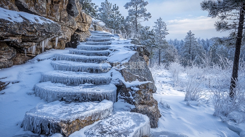 高清大图下载【趣麦麦图】冰雪覆盖的石阶