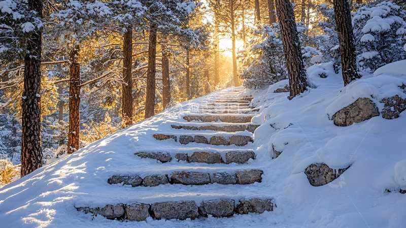 高清大图下载【趣麦麦图】雪地森林里的阳光小路