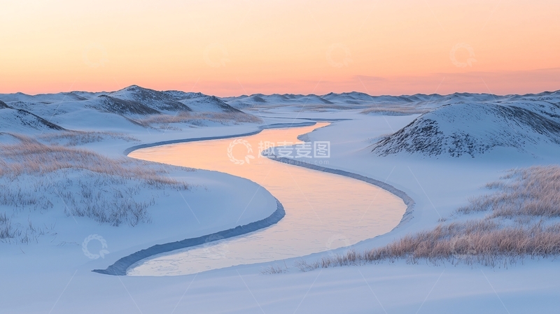 高清大图下载【趣麦麦图】冬日雪景河流蜿蜒