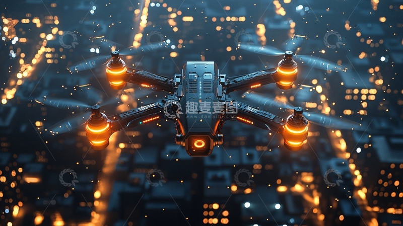 高清大图下载【趣麦麦图】夜间城市上空飞行的无人机