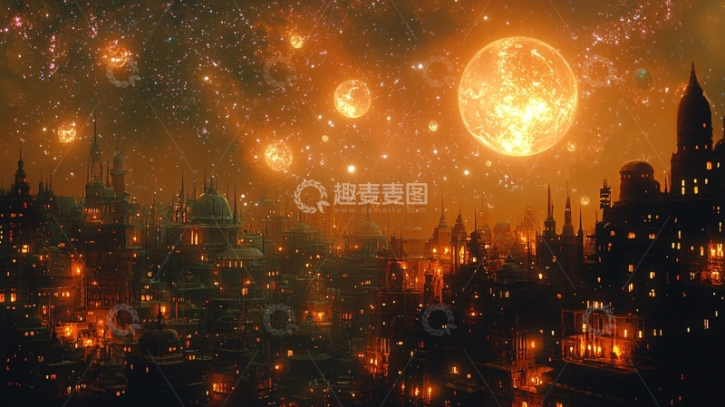 高清大图下载【趣麦麦图】梦幻橙色月亮星空古城