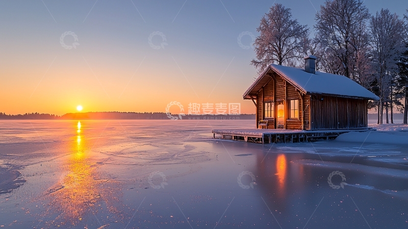 高清大图下载【趣麦麦图】冬季湖边木屋日落