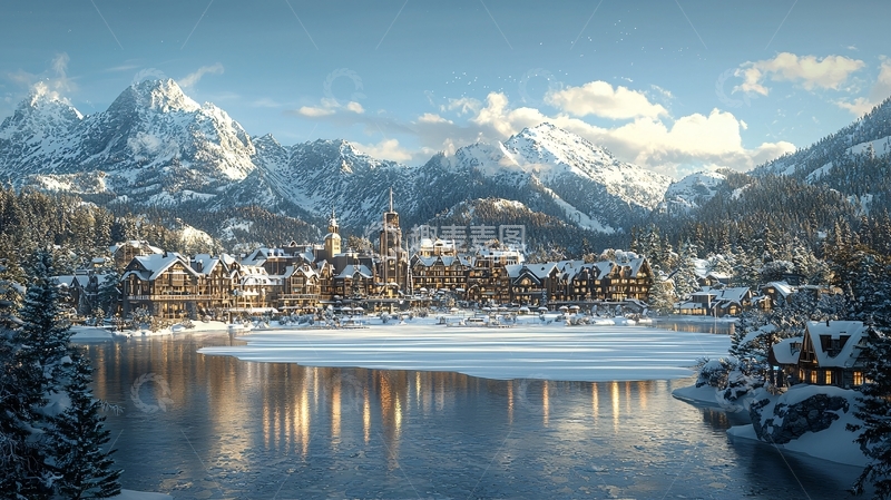 高清大图下载【趣麦麦图】雪山小镇风景