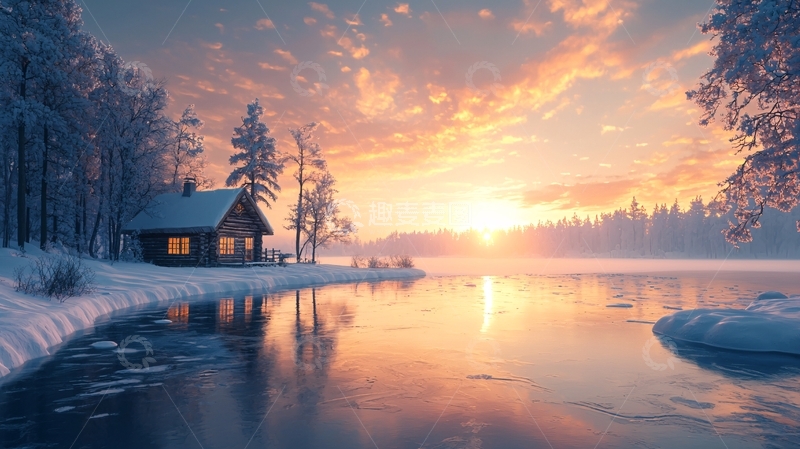高清大图下载【趣麦麦图】冬日雪景小屋