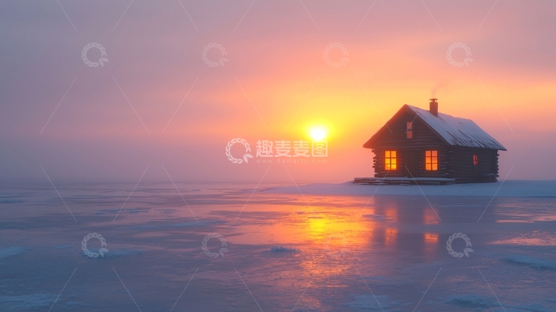 高清大图下载【趣麦麦图】冰雪上小屋日落
