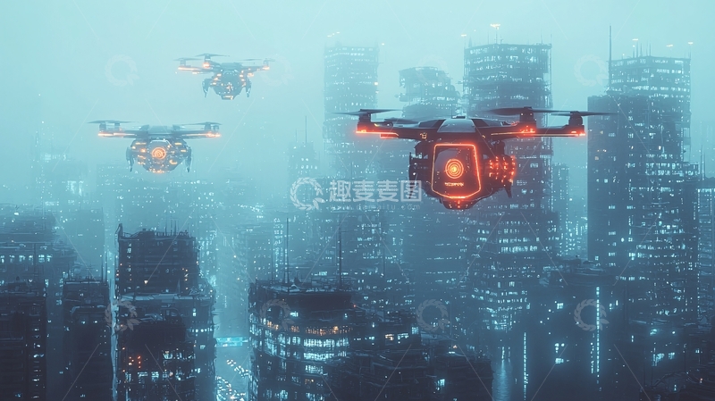 高清大图下载【趣麦麦图】未来都市无人机