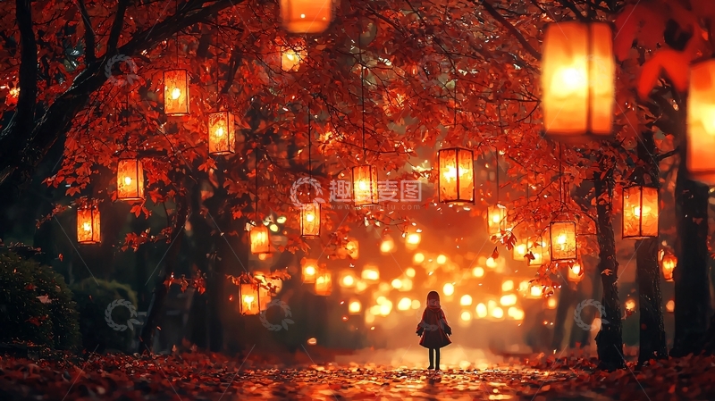 高清大图下载【趣麦麦图】红叶小路灯笼夜景