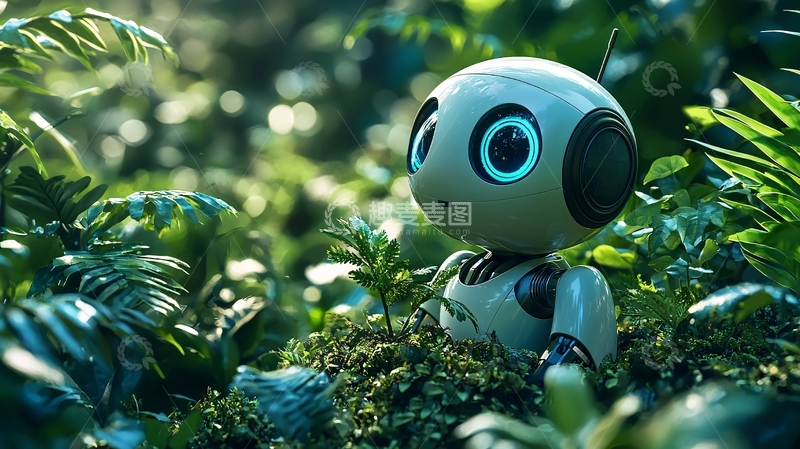 高清大图下载【趣麦麦图】小机器人坐在茂密丛林中